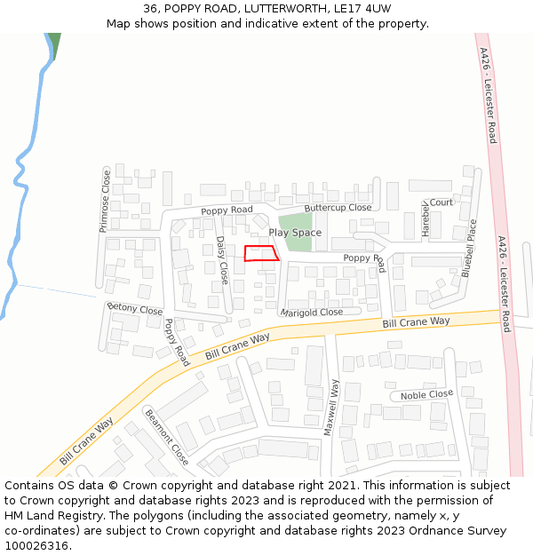36, POPPY ROAD, LUTTERWORTH, LE17 4UW: Location map and indicative extent of plot