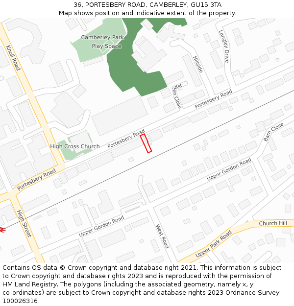 36, PORTESBERY ROAD, CAMBERLEY, GU15 3TA: Location map and indicative extent of plot
