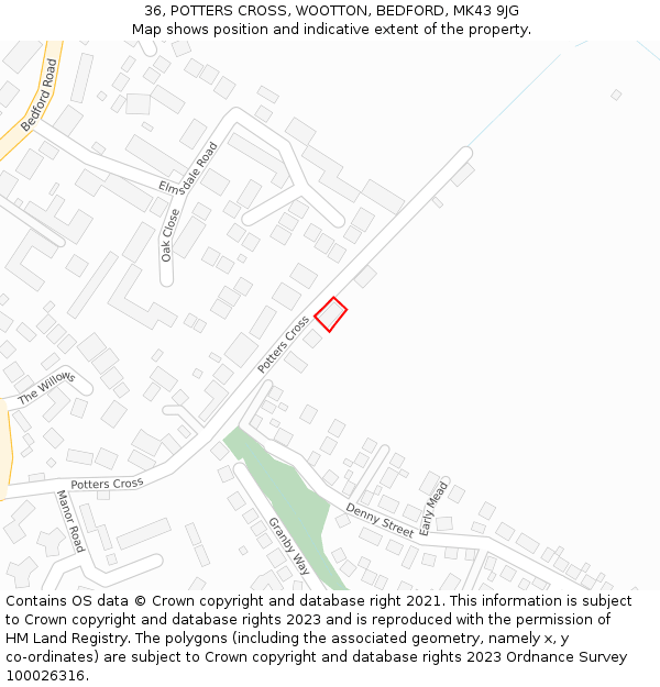 36, POTTERS CROSS, WOOTTON, BEDFORD, MK43 9JG: Location map and indicative extent of plot