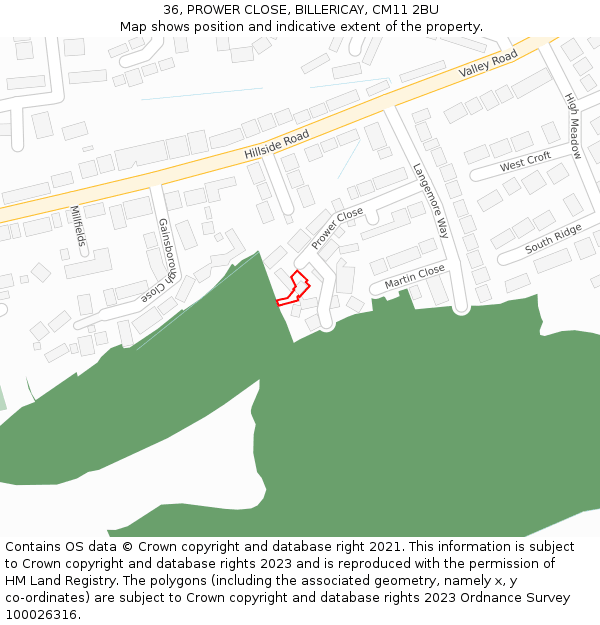 36, PROWER CLOSE, BILLERICAY, CM11 2BU: Location map and indicative extent of plot