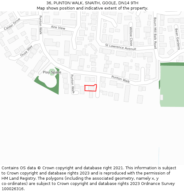 36, PUNTON WALK, SNAITH, GOOLE, DN14 9TH: Location map and indicative extent of plot