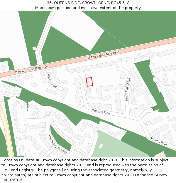 36, QUEENS RIDE, CROWTHORNE, RG45 6LG: Location map and indicative extent of plot
