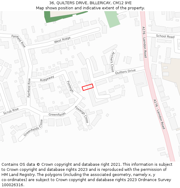 36, QUILTERS DRIVE, BILLERICAY, CM12 9YE: Location map and indicative extent of plot