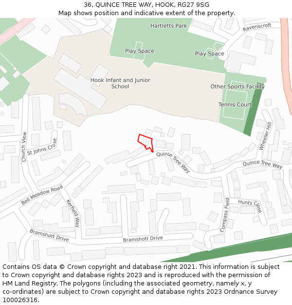 36, QUINCE TREE WAY, HOOK, RG27 9SG: Location map and indicative extent of plot