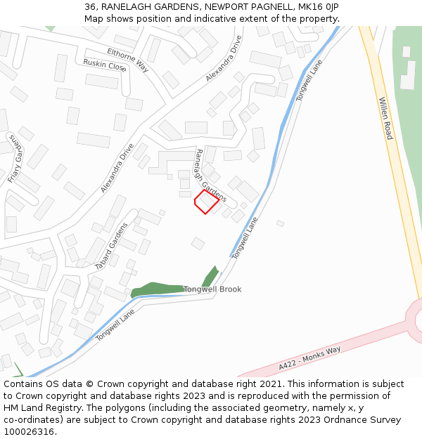 36, RANELAGH GARDENS, NEWPORT PAGNELL, MK16 0JP: Location map and indicative extent of plot