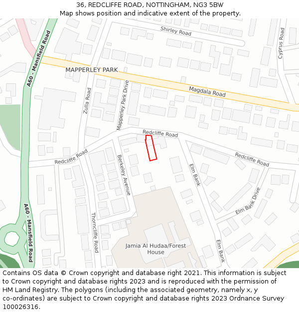 36, REDCLIFFE ROAD, NOTTINGHAM, NG3 5BW: Location map and indicative extent of plot