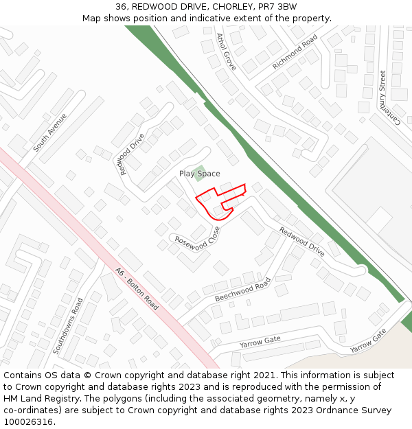 36, REDWOOD DRIVE, CHORLEY, PR7 3BW: Location map and indicative extent of plot