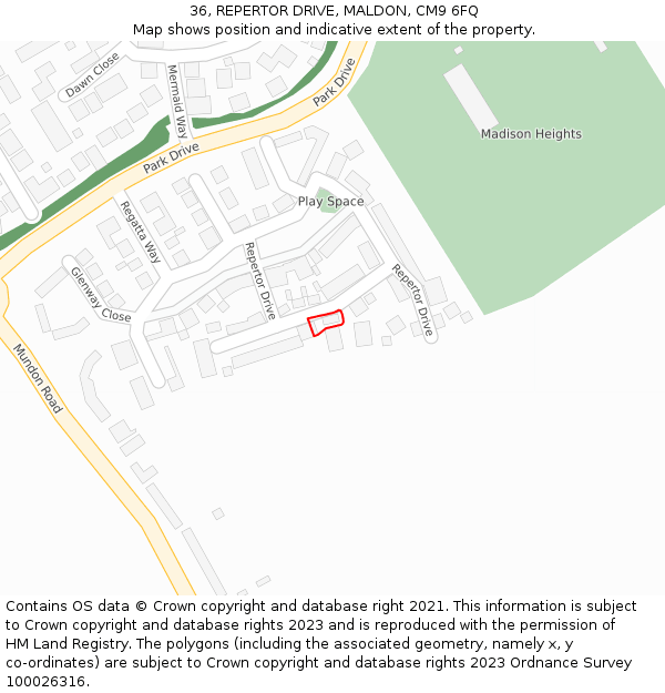 36, REPERTOR DRIVE, MALDON, CM9 6FQ: Location map and indicative extent of plot