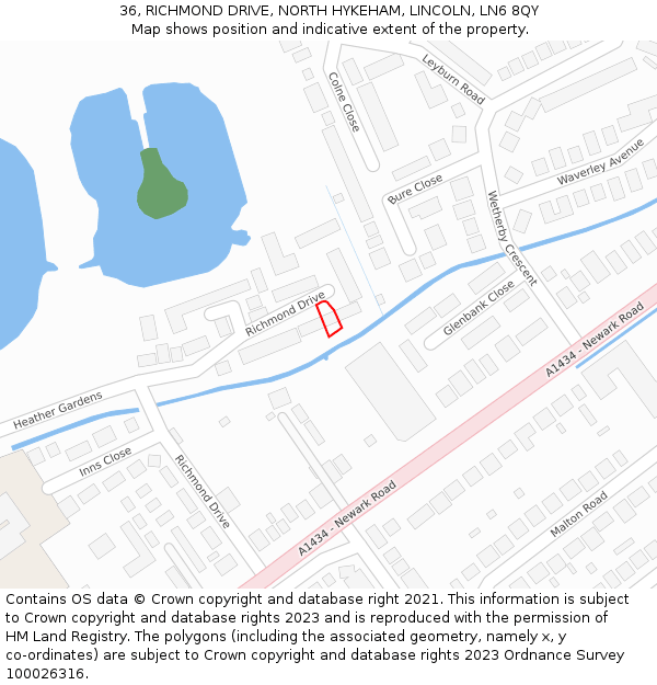 36, RICHMOND DRIVE, NORTH HYKEHAM, LINCOLN, LN6 8QY: Location map and indicative extent of plot