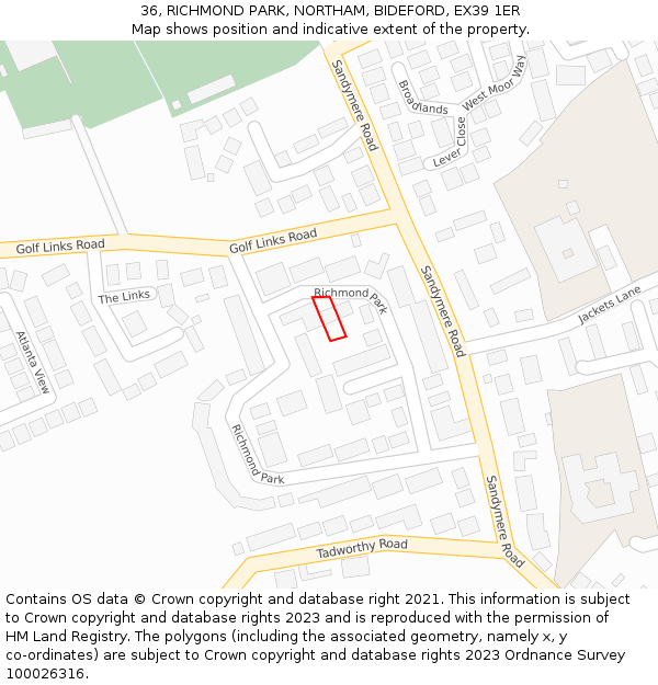 36, RICHMOND PARK, NORTHAM, BIDEFORD, EX39 1ER: Location map and indicative extent of plot