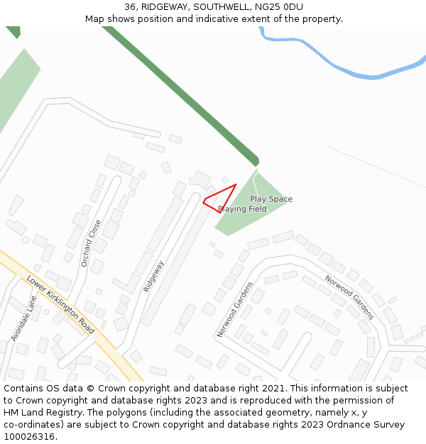 36, RIDGEWAY, SOUTHWELL, NG25 0DU: Location map and indicative extent of plot