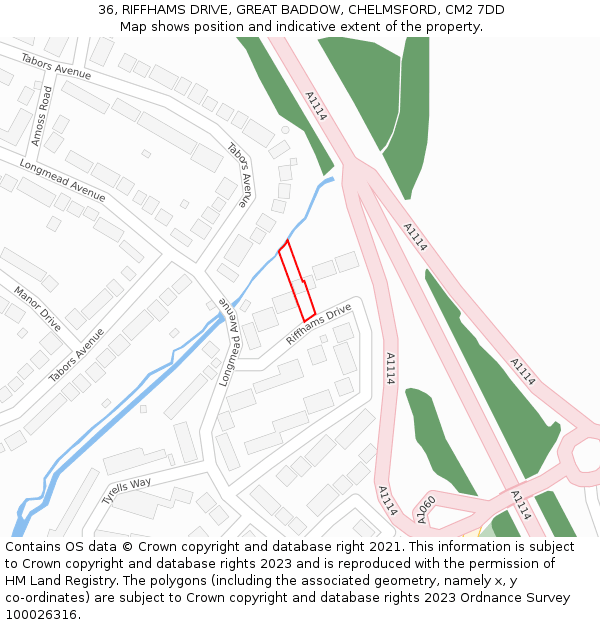 36, RIFFHAMS DRIVE, GREAT BADDOW, CHELMSFORD, CM2 7DD: Location map and indicative extent of plot