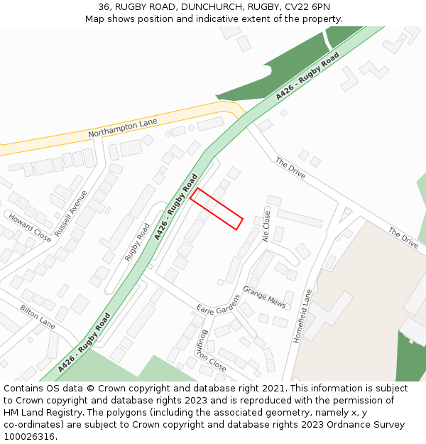 36, RUGBY ROAD, DUNCHURCH, RUGBY, CV22 6PN: Location map and indicative extent of plot
