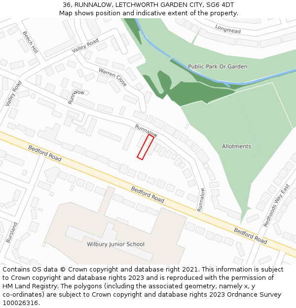 36, RUNNALOW, LETCHWORTH GARDEN CITY, SG6 4DT: Location map and indicative extent of plot
