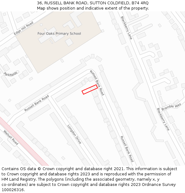 36, RUSSELL BANK ROAD, SUTTON COLDFIELD, B74 4RQ: Location map and indicative extent of plot