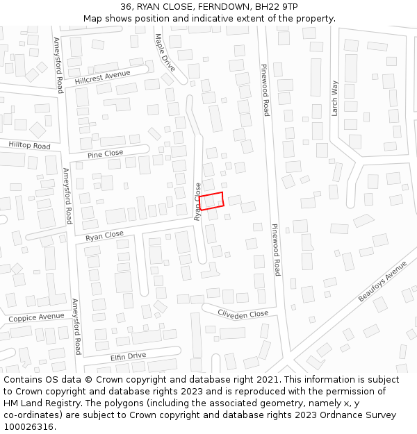 36, RYAN CLOSE, FERNDOWN, BH22 9TP: Location map and indicative extent of plot