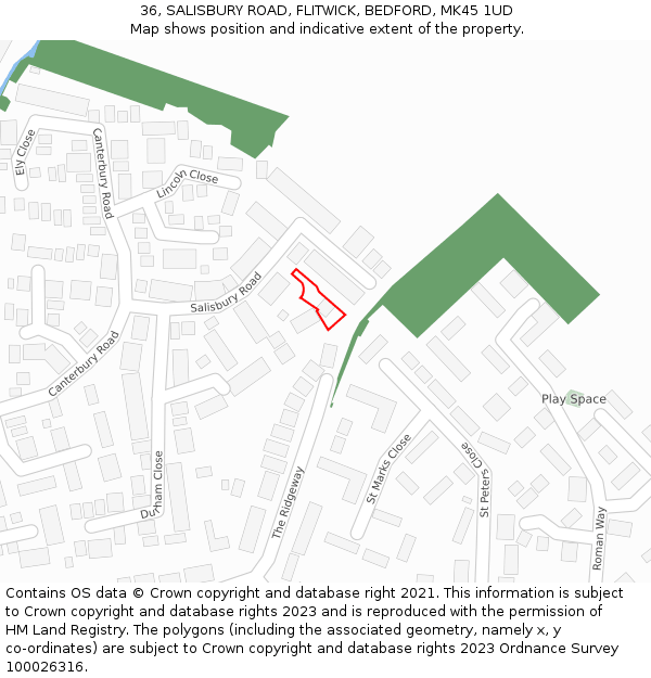 36, SALISBURY ROAD, FLITWICK, BEDFORD, MK45 1UD: Location map and indicative extent of plot