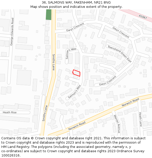 36, SALMONS WAY, FAKENHAM, NR21 8NG: Location map and indicative extent of plot