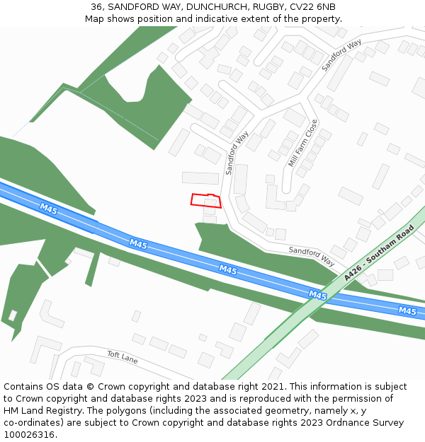 36, SANDFORD WAY, DUNCHURCH, RUGBY, CV22 6NB: Location map and indicative extent of plot