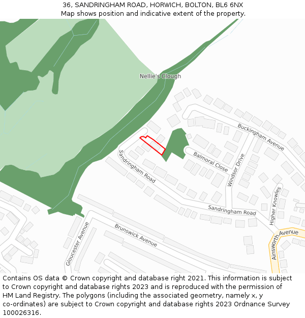 36, SANDRINGHAM ROAD, HORWICH, BOLTON, BL6 6NX: Location map and indicative extent of plot