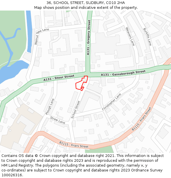 36, SCHOOL STREET, SUDBURY, CO10 2HA: Location map and indicative extent of plot