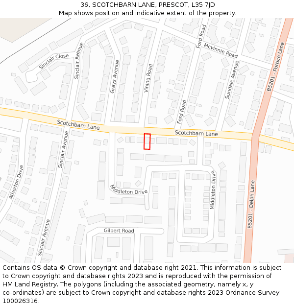 36, SCOTCHBARN LANE, PRESCOT, L35 7JD: Location map and indicative extent of plot