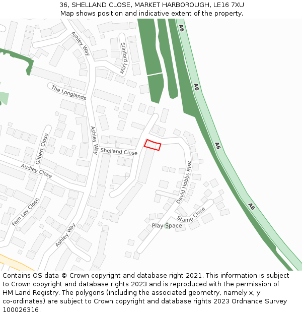 36, SHELLAND CLOSE, MARKET HARBOROUGH, LE16 7XU: Location map and indicative extent of plot