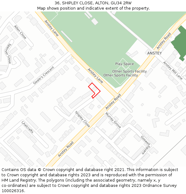 36, SHIPLEY CLOSE, ALTON, GU34 2RW: Location map and indicative extent of plot