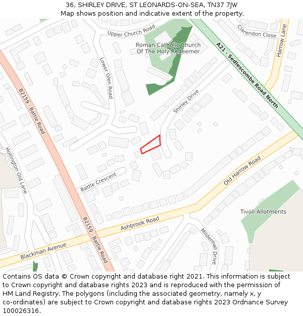 36, SHIRLEY DRIVE, ST LEONARDS-ON-SEA, TN37 7JW: Location map and indicative extent of plot