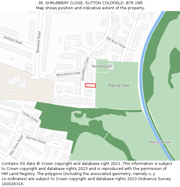 36, SHRUBBERY CLOSE, SUTTON COLDFIELD, B76 1WE: Location map and indicative extent of plot