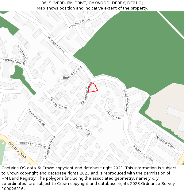 36, SILVERBURN DRIVE, OAKWOOD, DERBY, DE21 2JJ: Location map and indicative extent of plot