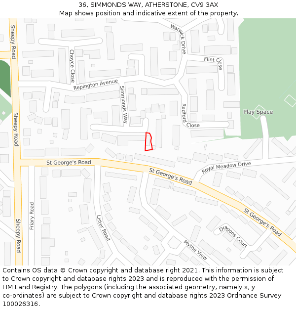 36, SIMMONDS WAY, ATHERSTONE, CV9 3AX: Location map and indicative extent of plot