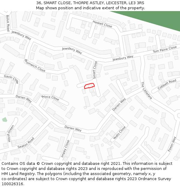 36, SMART CLOSE, THORPE ASTLEY, LEICESTER, LE3 3RS: Location map and indicative extent of plot