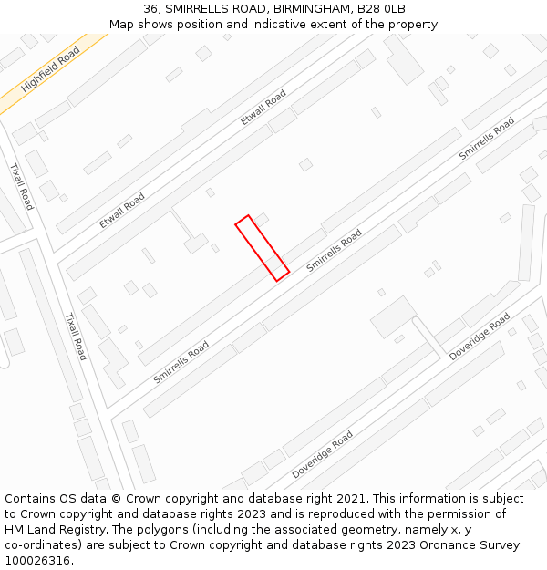 36, SMIRRELLS ROAD, BIRMINGHAM, B28 0LB: Location map and indicative extent of plot