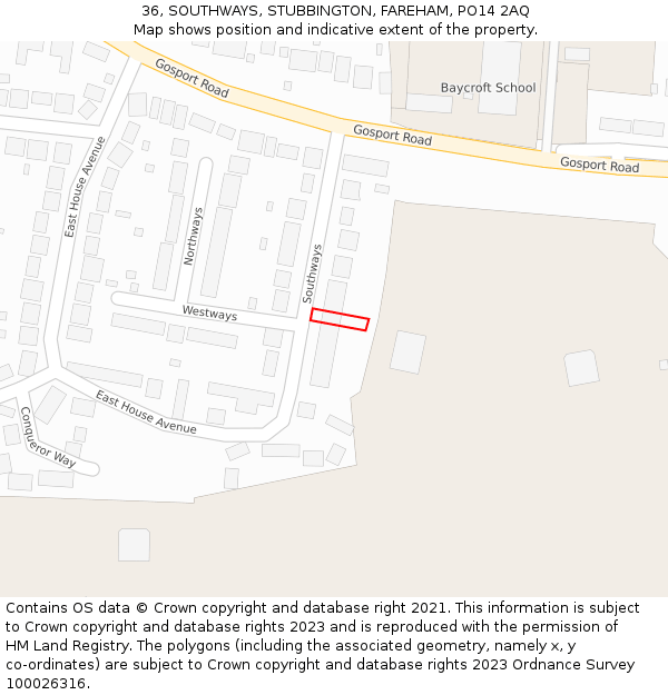 36, SOUTHWAYS, STUBBINGTON, FAREHAM, PO14 2AQ: Location map and indicative extent of plot