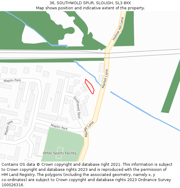 36, SOUTHWOLD SPUR, SLOUGH, SL3 8XX: Location map and indicative extent of plot
