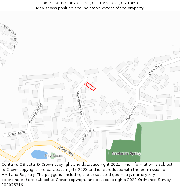 36, SOWERBERRY CLOSE, CHELMSFORD, CM1 4YB: Location map and indicative extent of plot