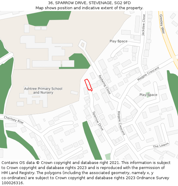 36, SPARROW DRIVE, STEVENAGE, SG2 9FD: Location map and indicative extent of plot