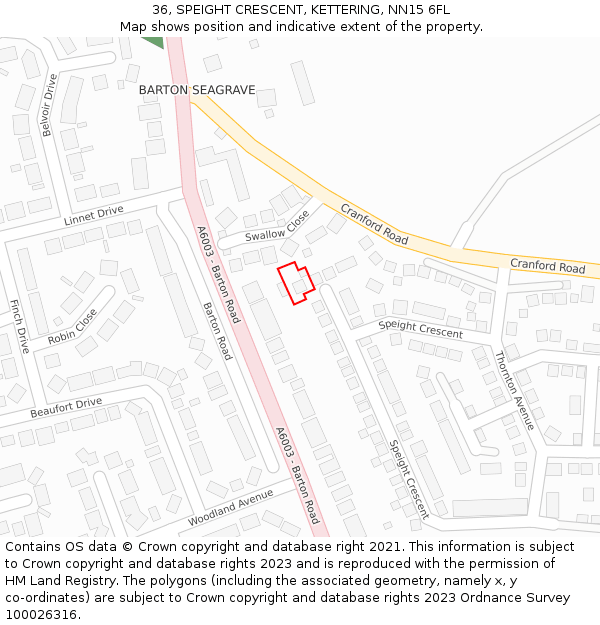 36, SPEIGHT CRESCENT, KETTERING, NN15 6FL: Location map and indicative extent of plot