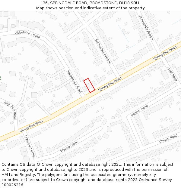 36, SPRINGDALE ROAD, BROADSTONE, BH18 9BU: Location map and indicative extent of plot