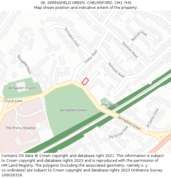 36, SPRINGFIELD GREEN, CHELMSFORD, CM1 7HS: Location map and indicative extent of plot