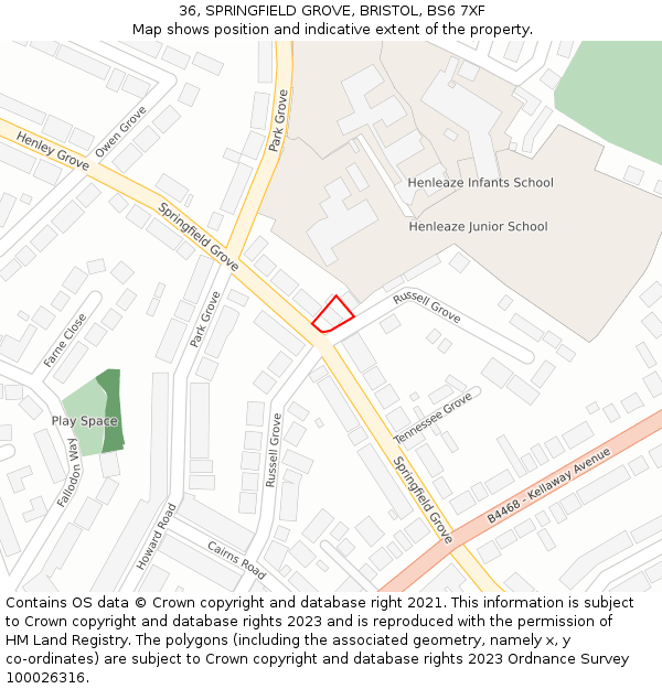 36, SPRINGFIELD GROVE, BRISTOL, BS6 7XF: Location map and indicative extent of plot