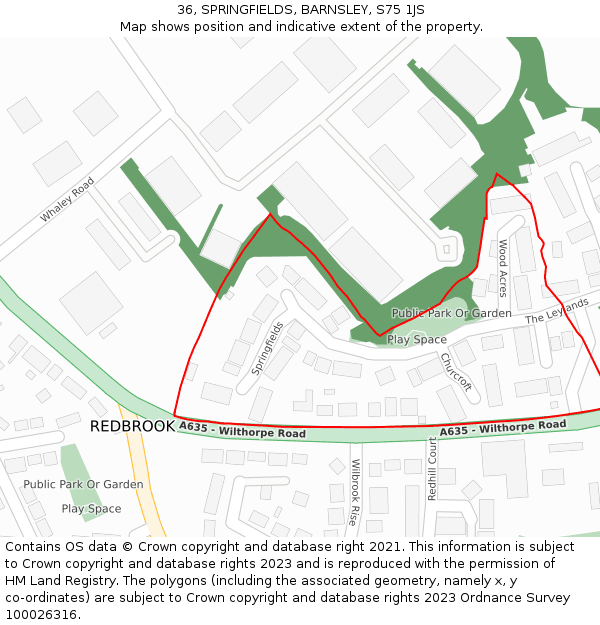 36, SPRINGFIELDS, BARNSLEY, S75 1JS: Location map and indicative extent of plot