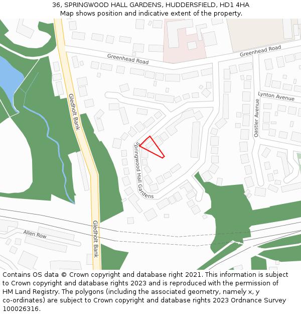 36, SPRINGWOOD HALL GARDENS, HUDDERSFIELD, HD1 4HA: Location map and indicative extent of plot