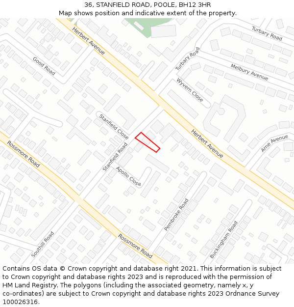 36, STANFIELD ROAD, POOLE, BH12 3HR: Location map and indicative extent of plot