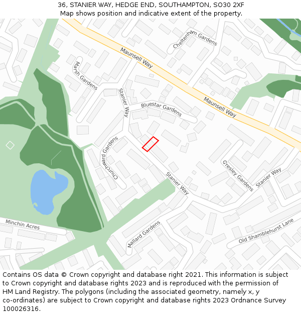 36, STANIER WAY, HEDGE END, SOUTHAMPTON, SO30 2XF: Location map and indicative extent of plot