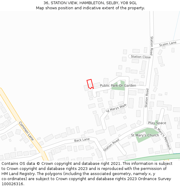 36, STATION VIEW, HAMBLETON, SELBY, YO8 9GL: Location map and indicative extent of plot