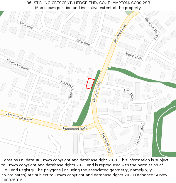 36, STIRLING CRESCENT, HEDGE END, SOUTHAMPTON, SO30 2SB: Location map and indicative extent of plot