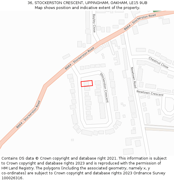 36, STOCKERSTON CRESCENT, UPPINGHAM, OAKHAM, LE15 9UB: Location map and indicative extent of plot