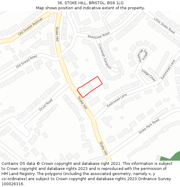 36, STOKE HILL, BRISTOL, BS9 1LG: Location map and indicative extent of plot